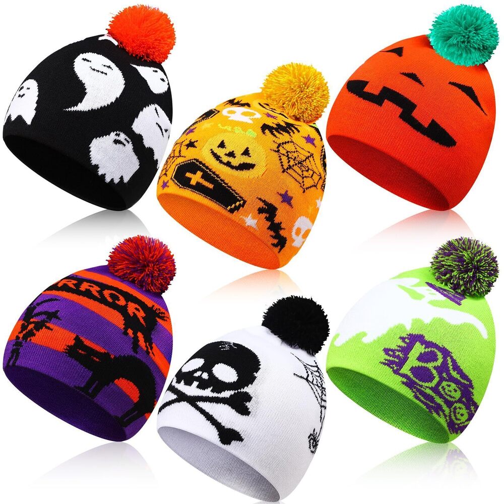 1515 6 Pcs Halloween Beanie Hats Ghost Pattern Hats Warm Stretch Winter